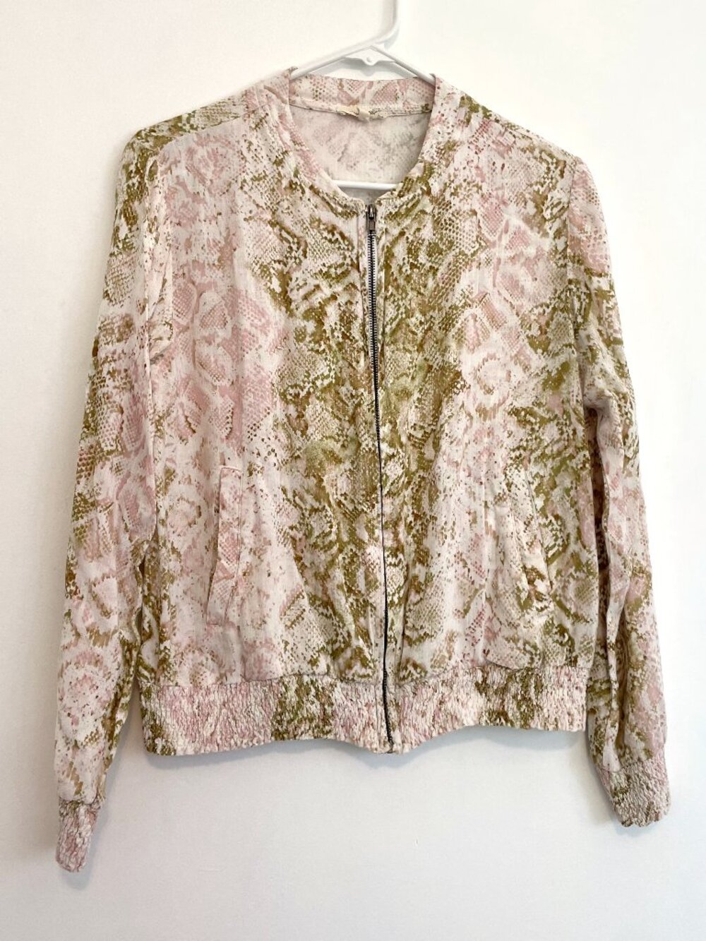 MYSTREE White ? Olive Green Pink Snakeskin Snake Print Lightweight Bomber Jacket